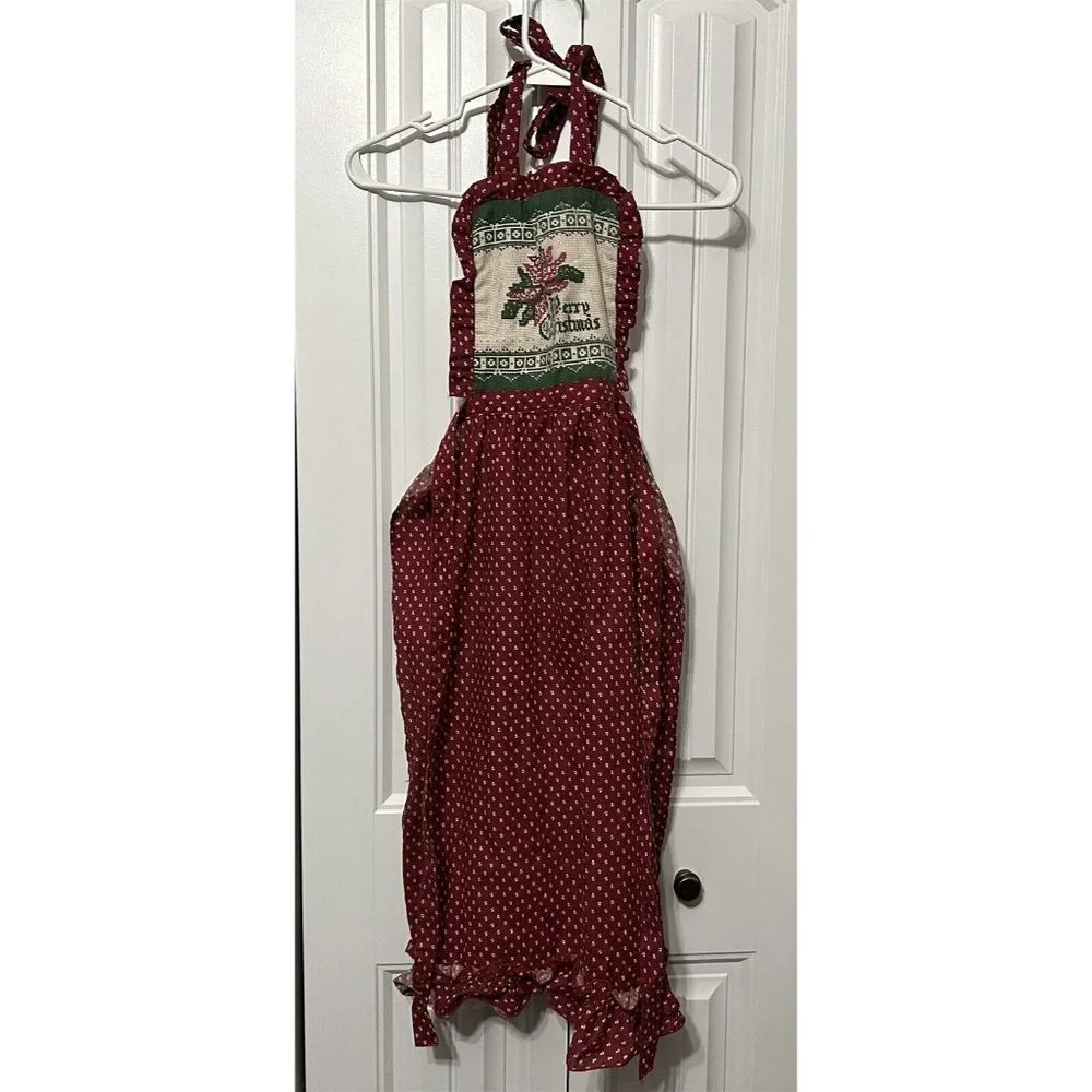 Christmas Apron Bib Pinafore Style Red Maroon Printed Cross Stitch Calico Child